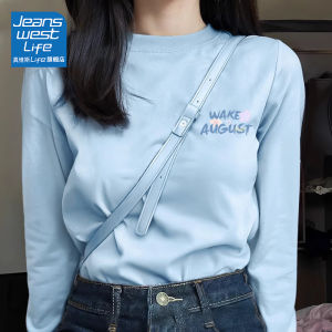 Jeanswest Life Blue Cotton Long Sleeve Base Shirt Womens Fashionable Inner Wear Casual Loose Fit Printed T-shirt for Young Women