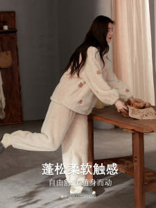 Fenteng Care Womens Thickened Fleece Pajamas Set with Zipper Stand Collar Coral Velvet Home Clothes Warmth Maintaining