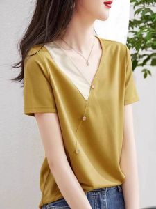 WANGGONGZHU | Color Block Short Sleeve V Neck T Shirt Women Casual Cotton Summer Fashionable Anti Aging Base Shirt Princess Style Commute