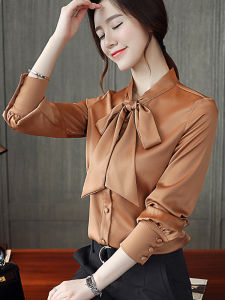 Elegant Silk Satin Shirt Womens Loose Long Sleeve Butterfly Knot Belted Office Professional Clothing Spring Autumn New Style