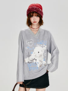 Giryhalo | Áo Sweatshirt Nữ Tay Dài Cổ Chữ V Form Rộng Họa Tiết Phong Cách Mỹ Thu Đông