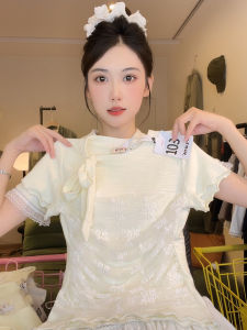 Sweet Style Butterfly Knot Splice Short Sleeve round Neck T-Shirt Womens Mesh Embroidery Ruffle Hem Tight Fit Summer Top