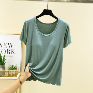 Modal Sleepwear Womens Summer New Large Size Short Sleeve Top Thin Pure Color Home Clothes T-shirt with Chest Pad round Neck