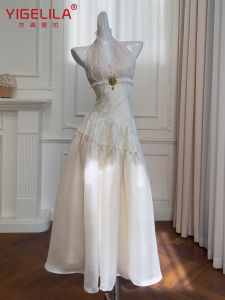 Elegant French Style Backless Chiffon Dress Slimming Midi Length Sleeveless Zipper Closure Neckline Gown for Women