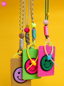 Smiley Face Stuffed Card Cover Leather Student with Lanyard Halterneck Separated Chest Card Bus Pass Meal Card Cute Name Tag