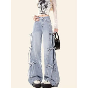 1pc Bow Tie Tied Jeans for Women American Retro Versatile Loose Wide Leg Pants Casual Straight Leg Pants