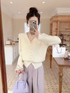 Áo Len Cardigan Dệt Kim Ren Kiểu Pháp Cho Nữ Cổ Chữ V Ôm Vừa Vặn Thời Trang Xuân 2025 Áo Sơ Mi Nhỏ Kiểu Pháp Chất Lượng Cao Cấp