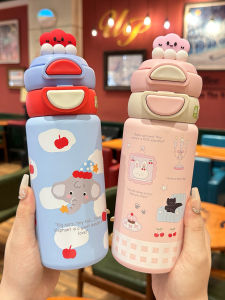 Cute Childrens Double Drink Straw Cup High Aesthetic Value Stainless Steel Insulated Water Bottle for School Students Girls