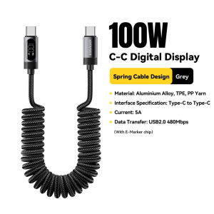 Essager PD 100W Digital Display Spring Expansion Type-C to Type-C C-C Cable Type C Fast Charging 60W Flexible Mobile Phone Data Cord For iPhone17 16 15 iPad Macbook Xiaomi Samsung Huawei For Laptop Tablet Type C Spring Quick Charge Data Cables