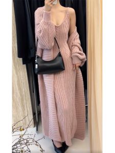 BINKAFENNY | Korean Style Autumn Winter Womens Fashion Sweater Cardigan Knitted Dress Two Piece Set Long Sleeve V Neck Casual Comfortable