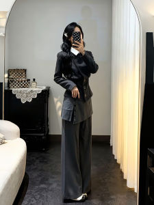 XUECAIQI | Elegant Women Winter Coat Set Fake Two-Piece Shirt with Stand Collar and Wide Leg Pants