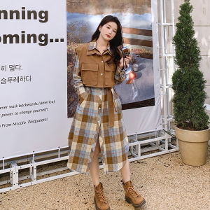 French Style Plaid Shirt Dress High Waist Slimming Long Skirt Two-Piece Set Womens Spring New A-Line Dress Polo Collar Button Detail