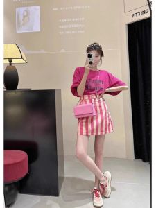 Bộ Đồ Hai Mảnh Kẻ Sọc Mùa Hè Cho Nữ Cỡ Lớn Thường Ngày Dễ Thương Váy Ngắn Tay Ngắn Cổ Tròn Chất Liệu Khác