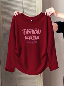 Red Pure Cotton Base Shirt Womens Slim Fit High Waist Long Sleeve T-Shirt Spring Commute Korean Style Printed Youthful Thickened