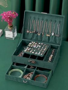 กล่องใส่เครื่องประดับ (สไตล์เรโทรผ้าฟล็อค) มัลติฟังก์ชั่น จุขนาดใหญ่ สีเขียว ตัวล็อก พร้อมส่ง