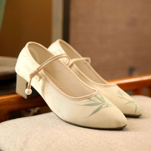 Beijing Style Embroidered Shoes for Women Sharp Pointed Toe Buckle Hanfu Shoes National Style Middle Heel Floral Patterned