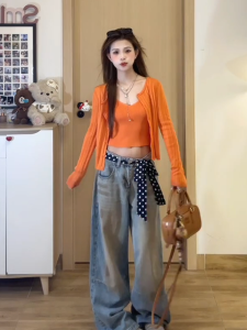 Quần Jeans Ống Rộng Cạp Cao Phong Cách Mỹ Retro Cho Nữ Mùa Xuân Mùa Hè Quần Dài Dài Đến Sàn Ôm Dáng Rộng Thường Ngày