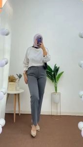CELANA KERJA WANITA SLIM-FIT PINGGANG KARET DAN PINGGANG RESLETING KANCING