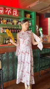 6099 Haruka Shawl Peacock Silk Jumpsuit Wanita Cheongsam CNY