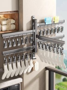 Balcony Wall-Mounted Foldable Multi-Hooks Socks Clamp Clothes Drying Rack Underwear Innerwear Laundry Clothes Drying Holder