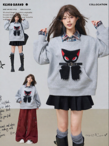 KEIKO | Cartoon Embroidery Plaid Panel Encryption Velvet Women Polo Neck Sweatshirt