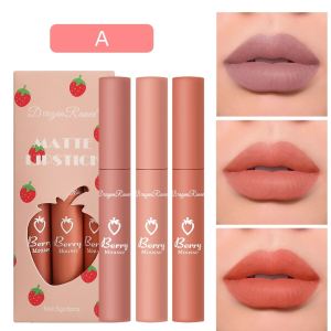 3 PCS Strawberries Set Velvet Matte Lip Gloss Lipstick Lip Gloss Female Non stick Cup Cute Set