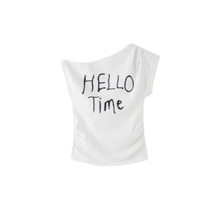 YUEZHONGWEI | White Shoulder Printed Short Sleeve T-Shirt Womens Summer Unique Beautiful Waist-Cut Slim Design Shoulder Exposure Top