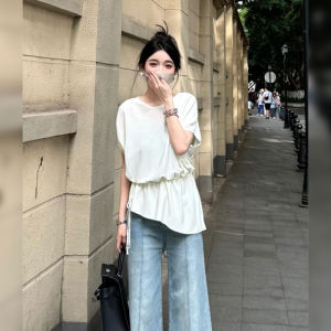 BINKAFENNY | Shoulder Baring White Short Sleeve T-Shirt Womens Loose Plus Size Slimming Top Summer New Style Korean Version Round Neck Tee