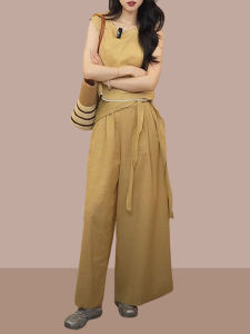 Shalldoer | ชุดสองชิ้นสำหรับผู้หญิงในช่วงฤดูร้อน คอกลม แขนกุด หลวม ระบายอากาศได้ดี กางเกงขายาว ลำลอง สไตล์สบายๆ