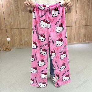 2025 Sanrio Hello Kitty Pajamas Halloween Flannel Fashion Trouserswomen Kawaii Woolen Anime Cartoon Casual Home Pants Autumn