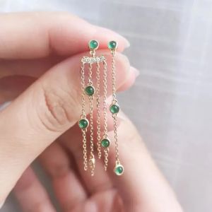 ต่างหูหยกเขียวมรกตต่างหูแบบห้อยพู่หน้าไข่เครื่องประดับหูเงินแท้ S925ต่างหูแบบพู่ห้อยเก๋ๆ