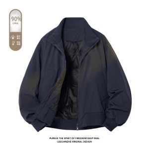 Black Flight Jacket Mens Short Baseball Style Durable down Coat Loose Fit Casual Wear Polyester Fiber White Duck down Filling