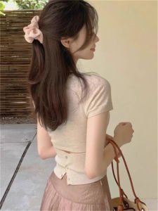 Áo Thun Dệt Kim Pure French Style Hở Eo Tay Ngắn Mùa Hè Ngọt Ngào Cay Nồng Cỡ Nhỏ Vai Ngắn Đẹpトップ Áo Thun Cotton Pha Trộn