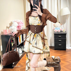 Dark Style Printed Waist-cinching Asymmetrical Straps Summer Dress