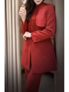 Red Chinese Style Set New Fashion Design Button Suit Pants Two Piece Spring Autumn High Quality Womens Clothing
