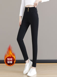 Womens Fleece Lined Thickened High Waist Slim Fit Black Pants Elastic Casual Nine Point Pants Warm Thick Winter New Style