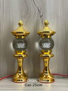 Cặp đèn bàn thờ tháp cầu pha lê hoa sen đổi màu-giá bán/1 cặp