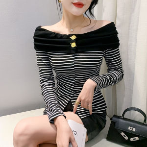 YIMEI Temperament One Line Neck Off Shoulder Top Womens Split Bottom Irregular T-shirt New 2023 Slim Fit Solid Color Underlay Shirt