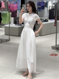 Summer 2025 Womens French Style Gentle Splice Waist-Cinching Slimming Long White Dress High Waist A-Line Skirt Commute