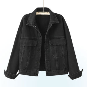 Black Denim Jacket Womens Short Casual Spring Autumn Loose Versatile Cotton Blend with Pocket Button up POLO Neck Jacket