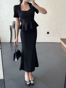 GirlsAt18 Black Ruffle Sleeve Short Sleeve Dress Summer High Waist Two Piece Set French Elegant Long Dress Polyester Fiber Zipper