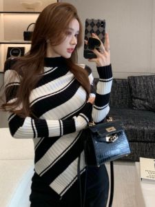 Slim Fit Striped Knitwear Half High Collar Long Sleeve Autumn Winter Irregular Design Sense Top for Women Fashionable Style