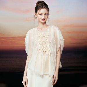 TAMMY TANGS | Loose Batwing Sleeve Blouse Women Summer Gauze Shirt Gathered Beaded European Organza Top Sugar Power Irregular Hem Design