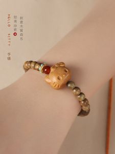 Hellokitty Bracelet Wooden Cultural Artifact Woven Bracelet Cute Cat Natural Sandalwood Bring In Wealth and Treasure Good Luck Rosary