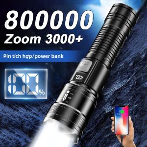 Đèn Pin LED Công Suất Cao 800000LM Có Zoom Kính Thiên Văn 3000m USB Có Thể Sạc Lại Chống Nước IPX6 Đèn Pin Màu Đen Cho Ngoài Trời