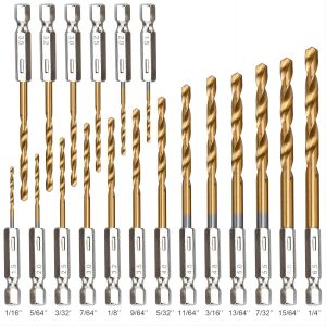 Titanium-coated high-speed steel drill bit set (1/16 "-1/4") with hex shank - quick-change 135 ° tip for wood soft metals and