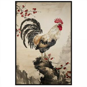 Tranh treo tường tranh dán tường tranh thủy mặc con gà trống tranh phong thủy decor phong cách cổ điển in Canvas. CGI-369