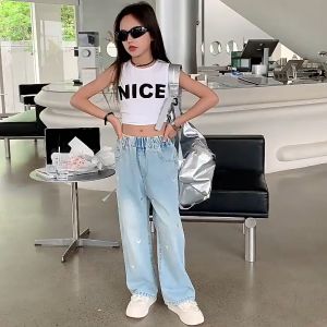 Kids Girls Jeans Soft Denim Hearts Embroidery Elastic Waist Wide Leg Comfortable Pants for Kids girl Lightweight and Breathable Fabric