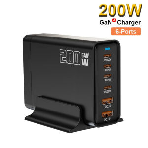 200W USB C Charger Station GaN USB Charge Hub 6 Port Fast Charging Station PD 100W Wall Charger for Laptop Tablet Mobile Phone