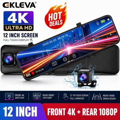 Ekleva 4K gương ô tô DVR 12 Inch gương chiếu hậu Camera hành trình ống kính kép 1080P Không Thấm Nước camera phía sau đầu ghi video nhìn trong đêm Đăng ký Đặc Biệt Cho Tay Phải Thiết Kế